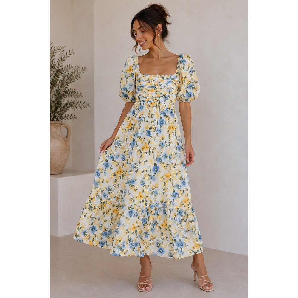 Audrey Parks Francesca's Lemon Floral Puff Sleeve Midi Dress Large